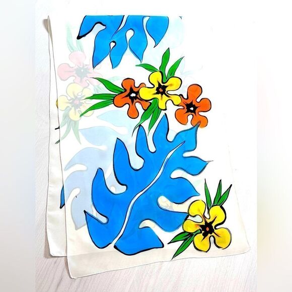 Hand painted tropical flower scarf white blue orange green 15” x 44”.